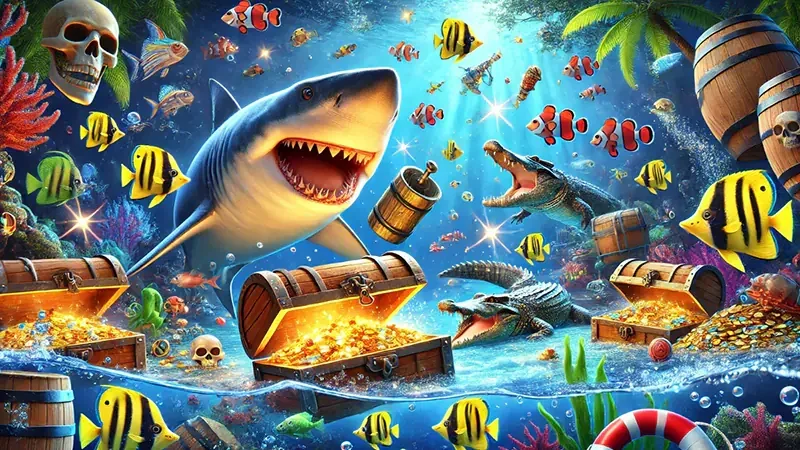 Visual permainan tembak ikan PCX777 dengan meriam dan ikan bawah laut