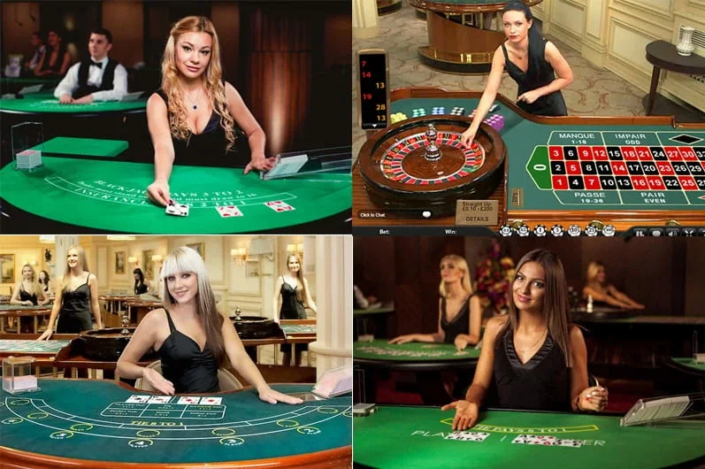Tampilan antarmuka kasino live dengan meja permainan dan dealer